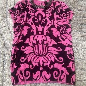 INC Beaded Neckline Damask Print Top M Pink Black Ornate Sleeveless